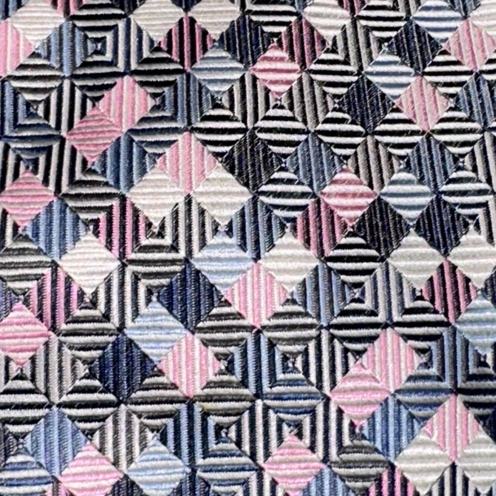 Peacock Silk Necktie Mens OS Pink Blue Geometric Square Handmade Professional